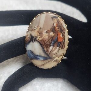 Vintage Fragonard Style Courting Scene Oval Brooch Gold Tone Scalloped Edge